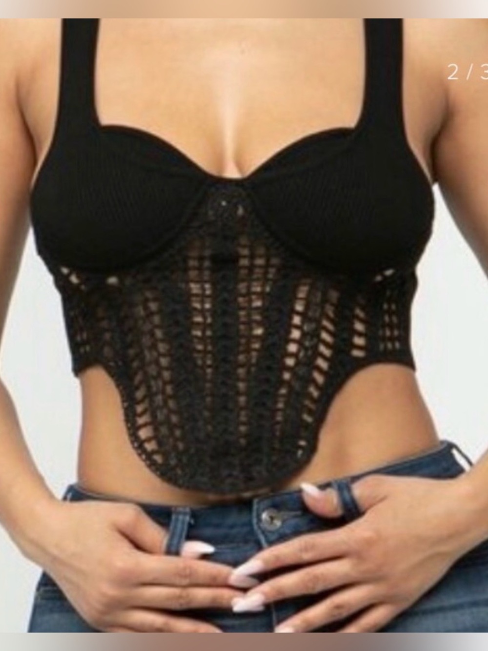 Hera Collection Black Crochet Corset Style Crop Top - L - Festival Going Out Top